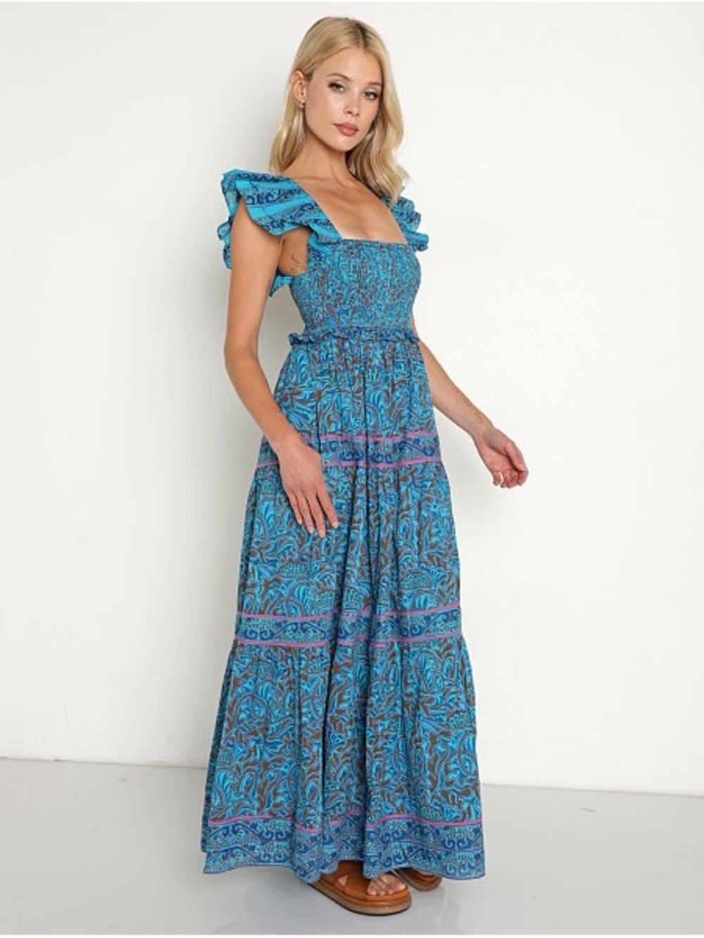 Cleobella Blue Printed Tiered Maxi Dress with Ruffle Straps